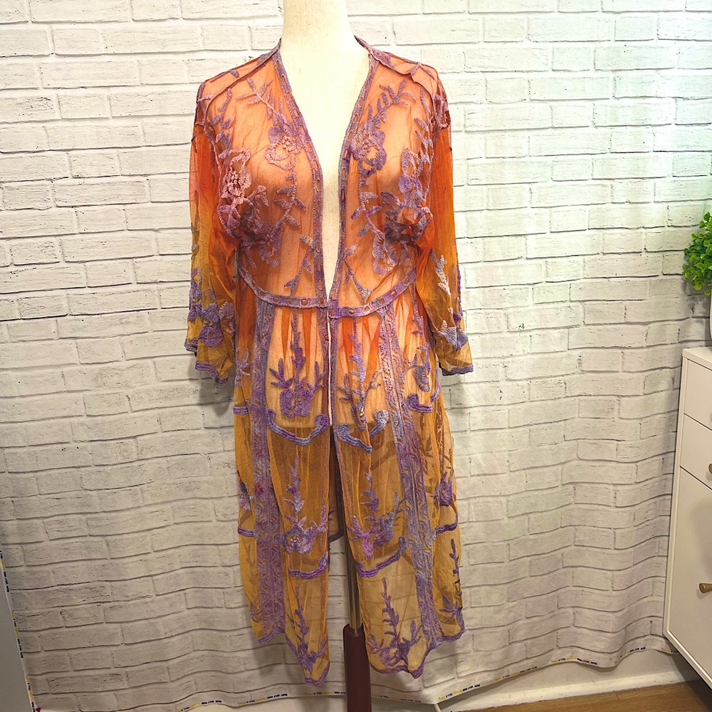 SOLD One of a Kind Ice Dyed Sunset Lace Duster, OS